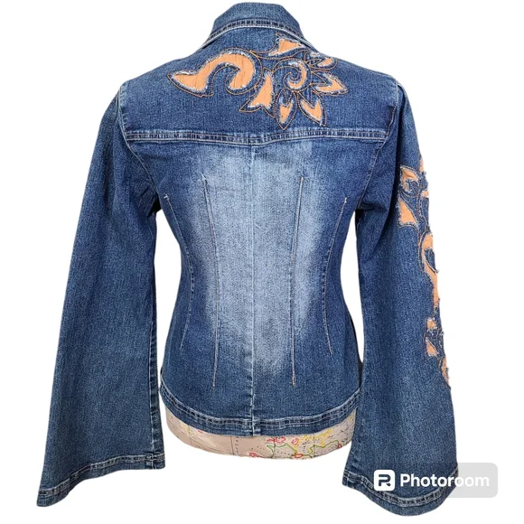 Vintage Y2K Crest Jeans Size Small-Medium Blue Denim Jacket Faux Brown Suede - Picture 2 of 12